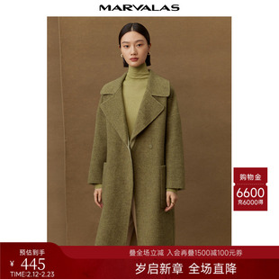 曼德诗气质毛呢外套2025冬季新品西装领双面呢全羊毛中长款大衣