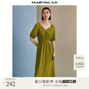 中长裙 曼德诗V领纯色收腰连衣裙2025夏季 新款 复古甜美泡泡袖 短袖