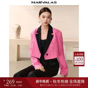 新款 2025秋季 绵羊毛混纺外套气质撞色翻驳领西服女 西装 曼德诗短款