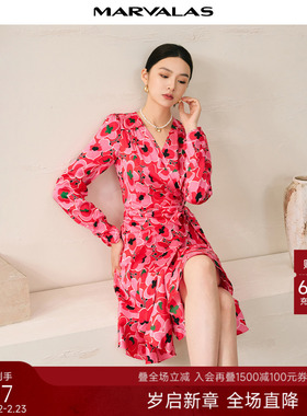 曼德诗花色连衣裙2025秋季新款印花撞色收腰蝴蝶结飘带设计雪纺裙