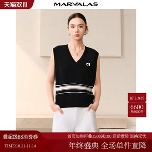 黑白条纹撞色显瘦针织马甲女 经典 曼德诗V领提花背心2025秋季 新款