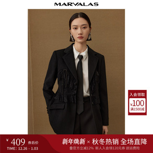 编织绵羊毛混纺西装 新中式 外套女 新品 曼德诗纯色气质西服2025冬季