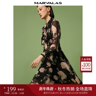 复古裙 气质雪纺压褶中长裙法式 曼德诗印花连衣裙女2025秋季 新品