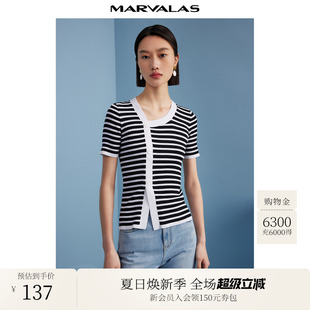 打底衫 曼德诗黑白条纹针织T恤女夏季 套头短款 新款 斜边V领短袖