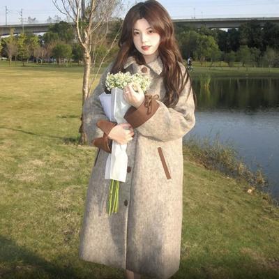拼色领呢子大衣女2025秋冬季新款毛呢外套高级感小个子韩系中长款