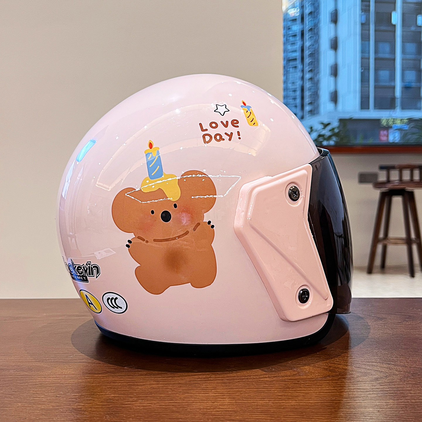 电动车3C认证头盔JACKEVIN可爱卡通粉色半盔男女保暖摩托车安全帽