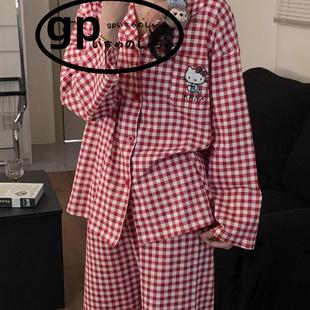 睡衣女士长袖 日本gp春秋季 纯棉红色格子卡通helloKitty可爱家居服