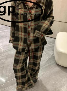 日本gp复古格子睡衣女春秋季撞色韩版大码遛弯家居服长裤套装外穿