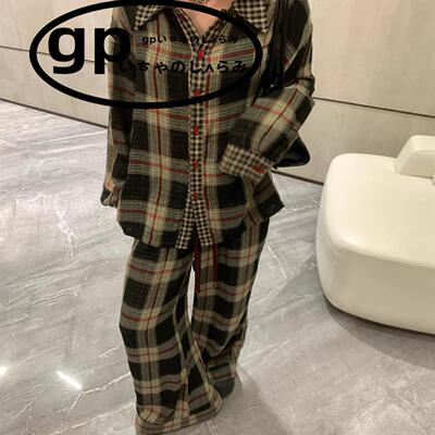 日本gp复古格子睡衣女撞色韩版