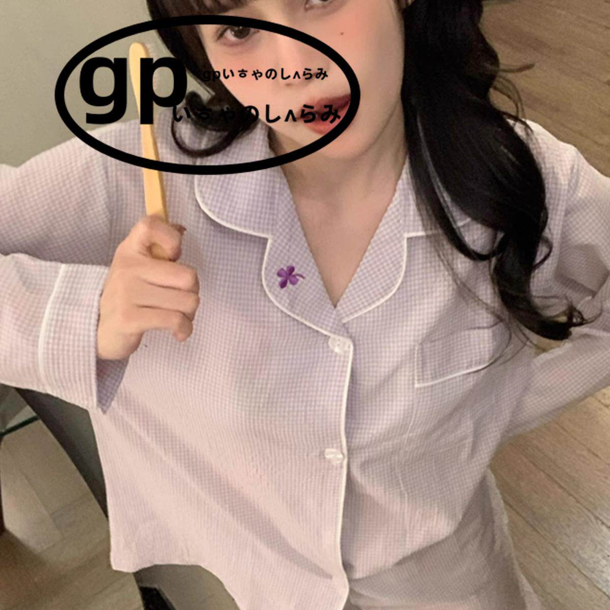 日本gp睡衣女春秋款长袖长裤梭织布简约学生甜美家居服少女风套装