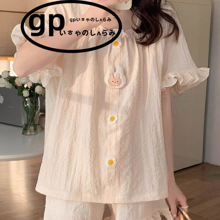 日本gp睡衣女夏季短袖短裤梭织棉宽松甜美公主可爱兔子家居服套装