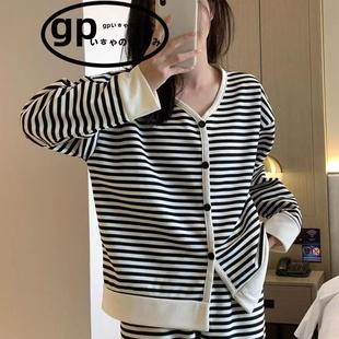 长袖 开衫 日本GP纯棉睡衣女春秋季 长裤 条纹韩版 休闲宽松家居服套装