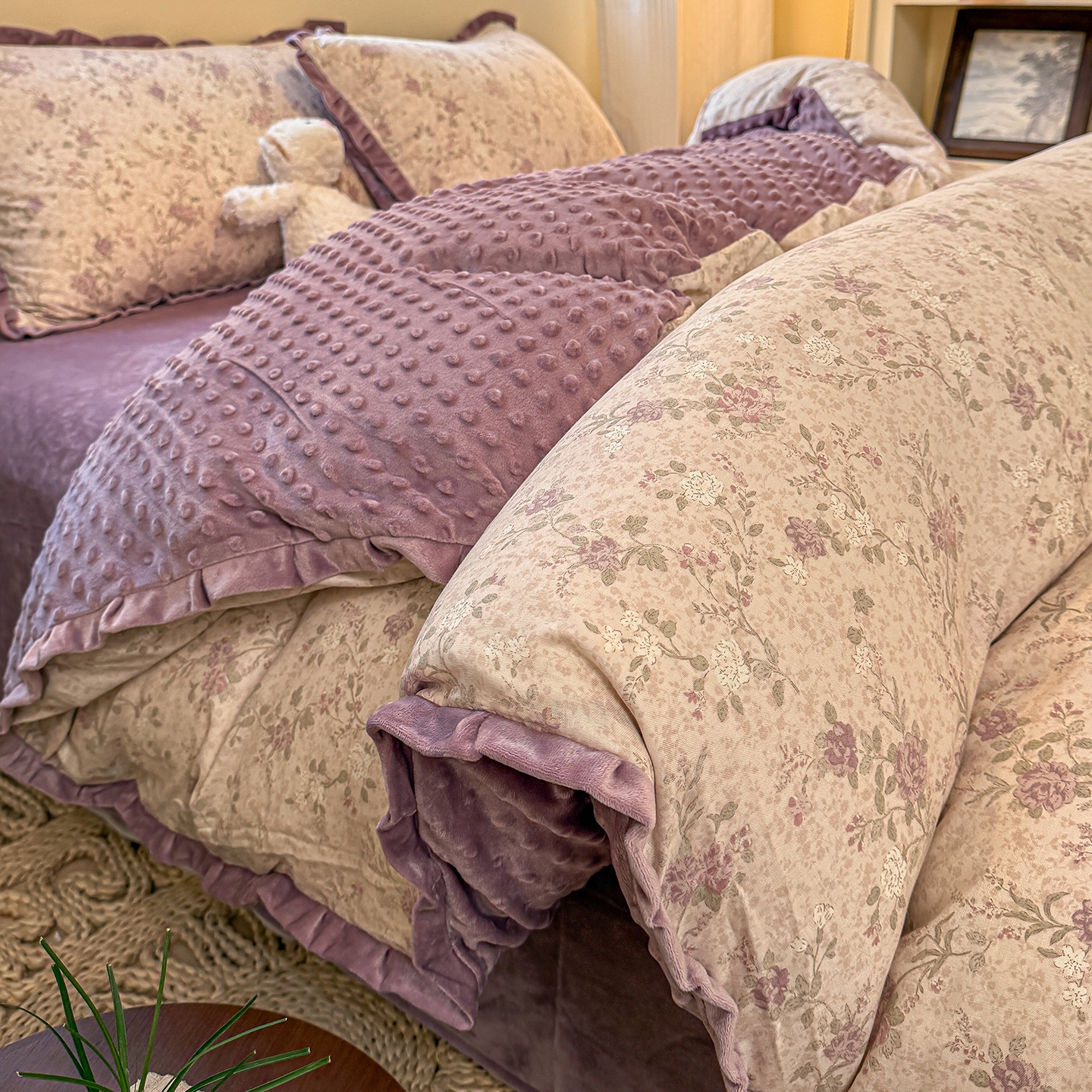 碎花全棉双层纱豆豆绒四件套