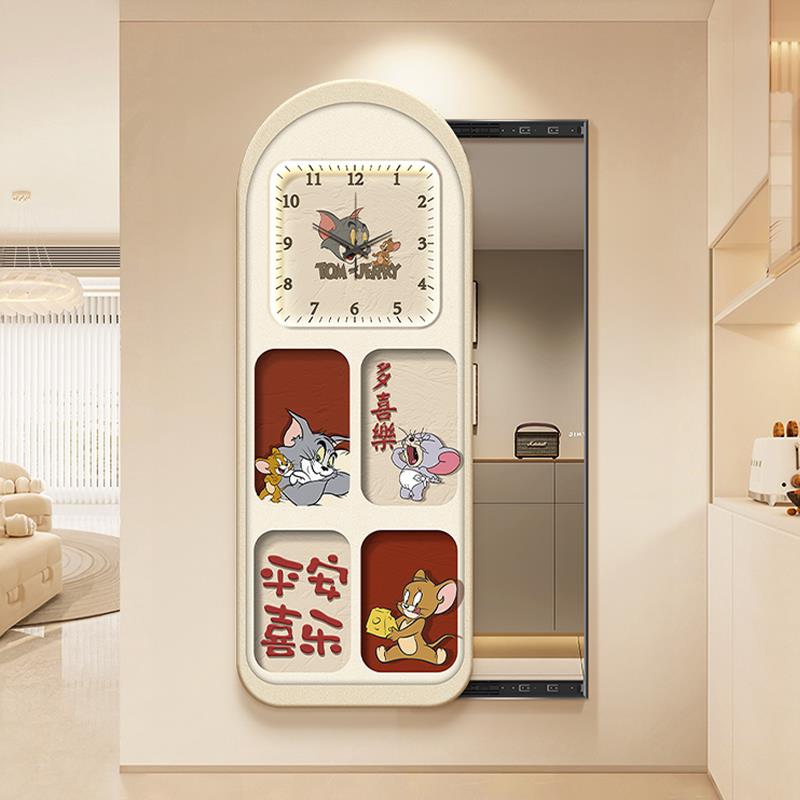 猫和老鼠暗藏式全身镜装饰画隐形可推拉穿衣镜带钟表玄关试衣镜子图片