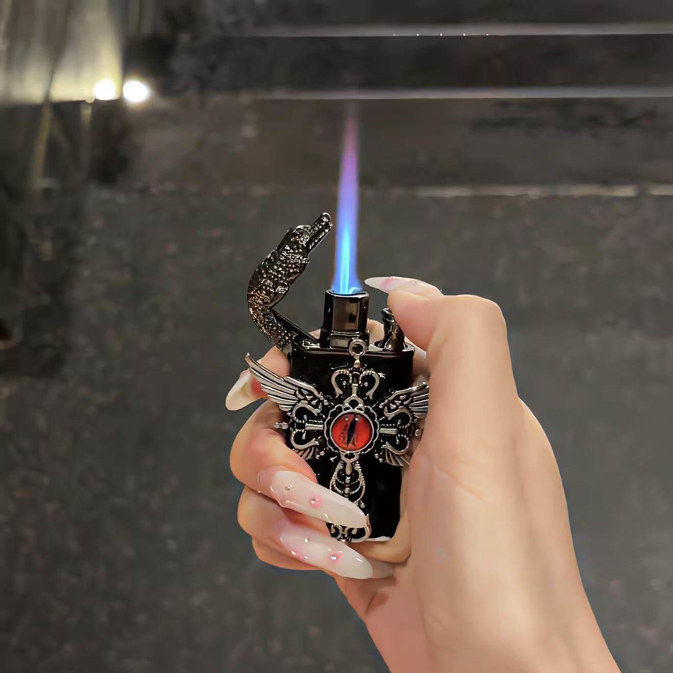 网红暗黑系恶魔之眼KT猫双火切换防风打火机充气送男女友手作礼物
