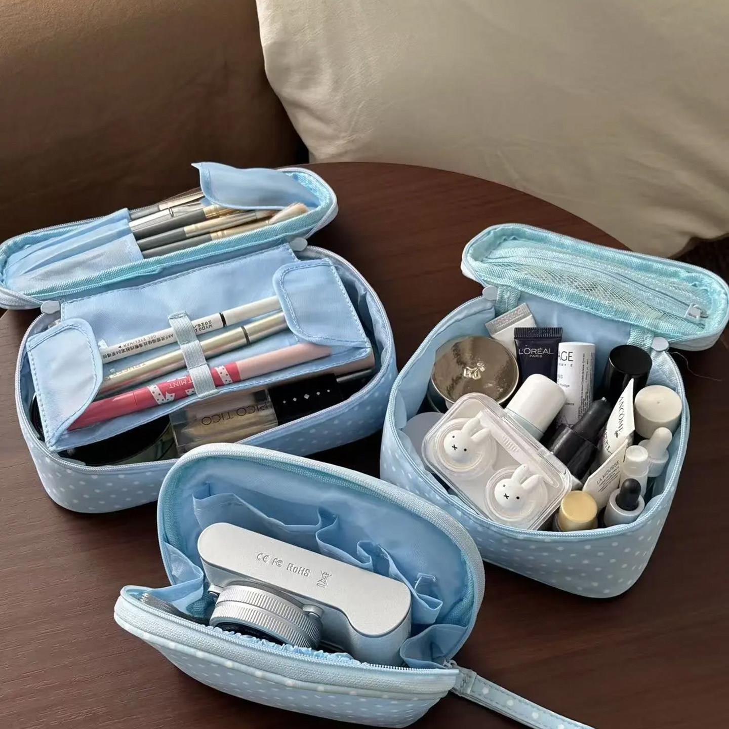 蓝色波点化妆包便携旅行洗漱包女外出化妆品分区收纳大容量收纳袋