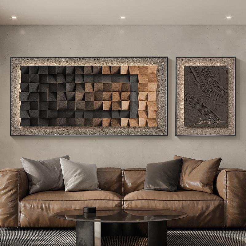 侘寂风客厅装饰画3d立体几何沙发背景墙挂画抽象简约高档两联壁画