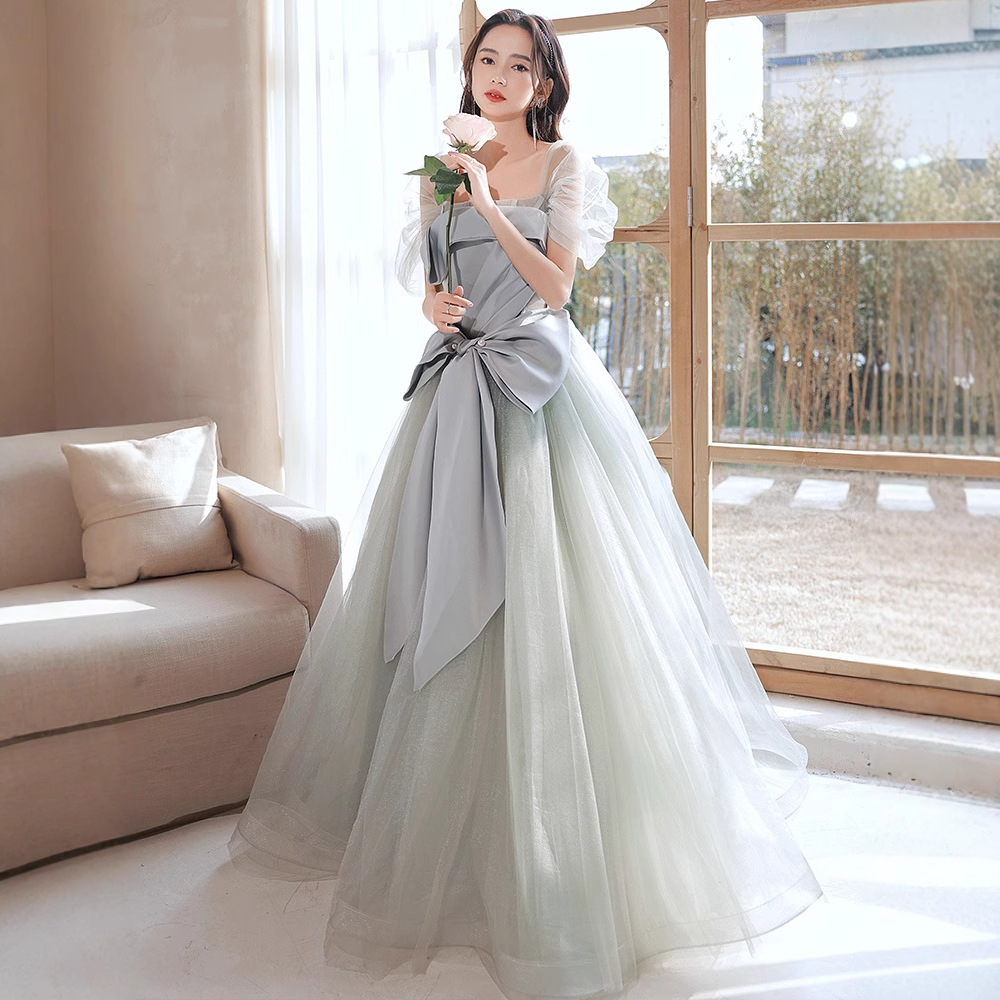 宴会晚礼服女2025新款雾霾绿仙气质网纱公主裙毕业典礼走秀礼服