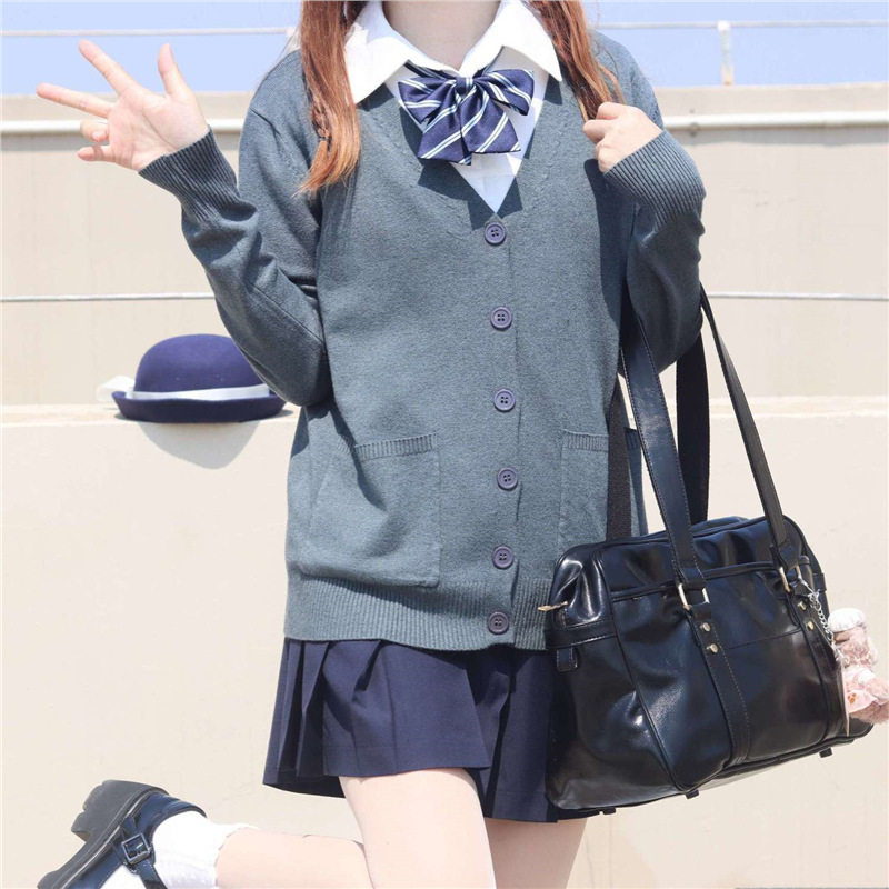 日系jk制服学院风针织衫基础款秋冬v领开衫毛衣外套学生校服班服