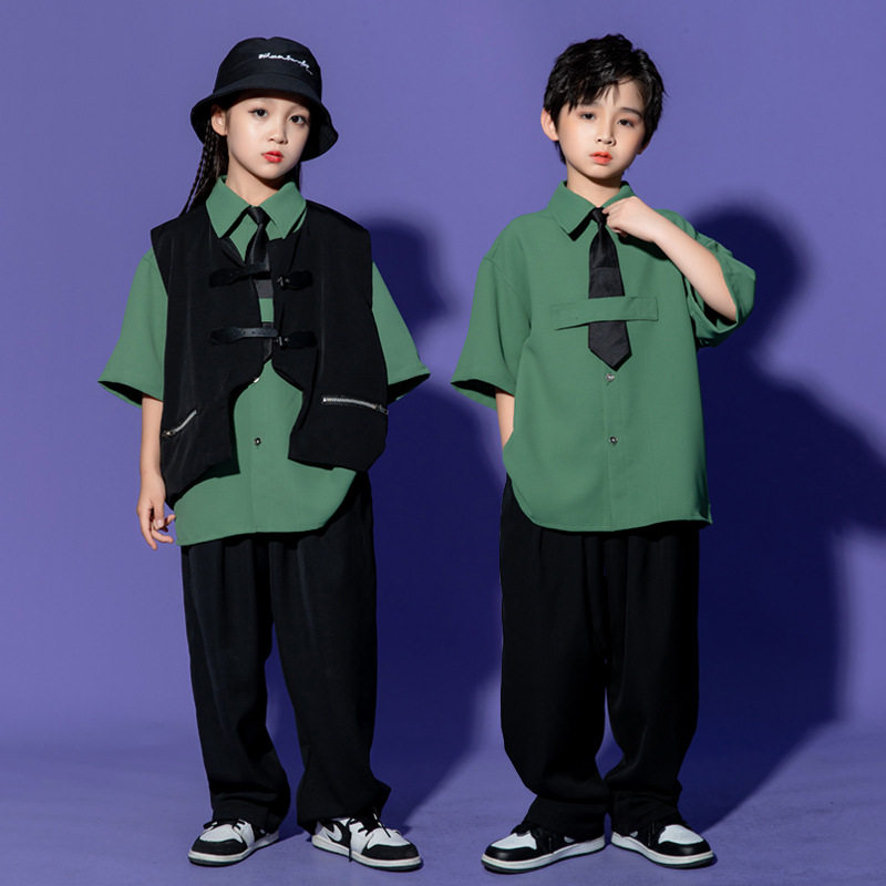儿童街舞套装男童夏季宽松短袖衬衫爵士舞女童表演舞蹈演出服男孩
