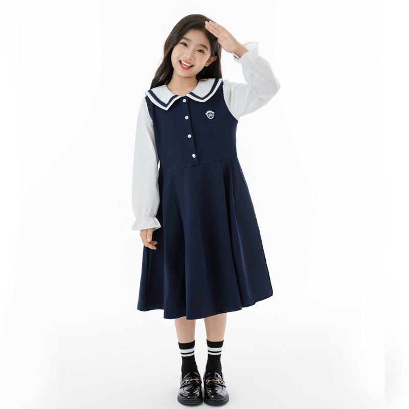 女童秋装连衣裙学院风公主裙海军领撞色小学生校服裙大童长袖裙子