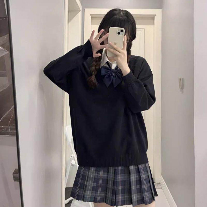 日系JK毛衣制服针织衫套头V领毛衣黑色纯色秋冬长袖校供感校服女