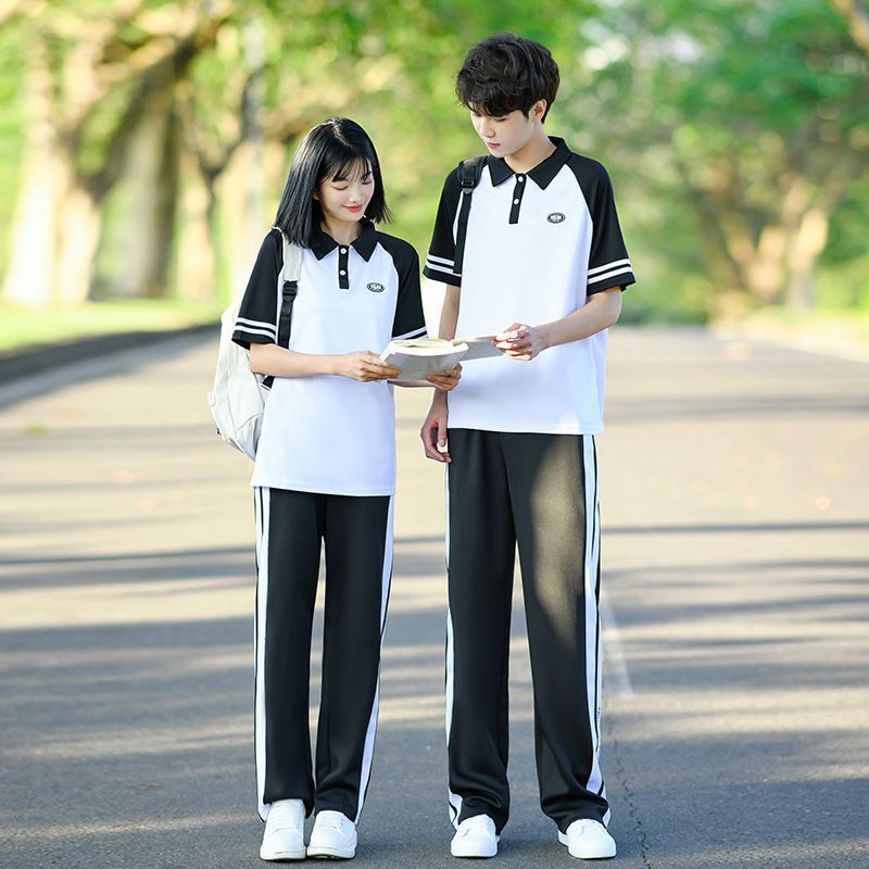 班服初中生学院风套装夏季校园高中小学生黑白短袖T恤运动会校服