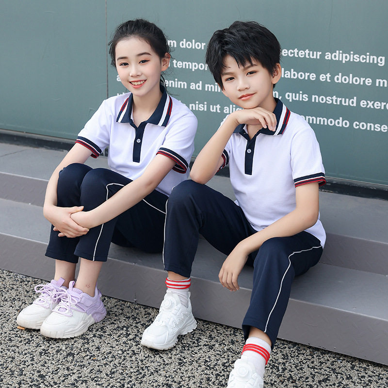 夏季小学生蓝色校服运动套装中学生运动会宽松短袖班服幼儿园园服