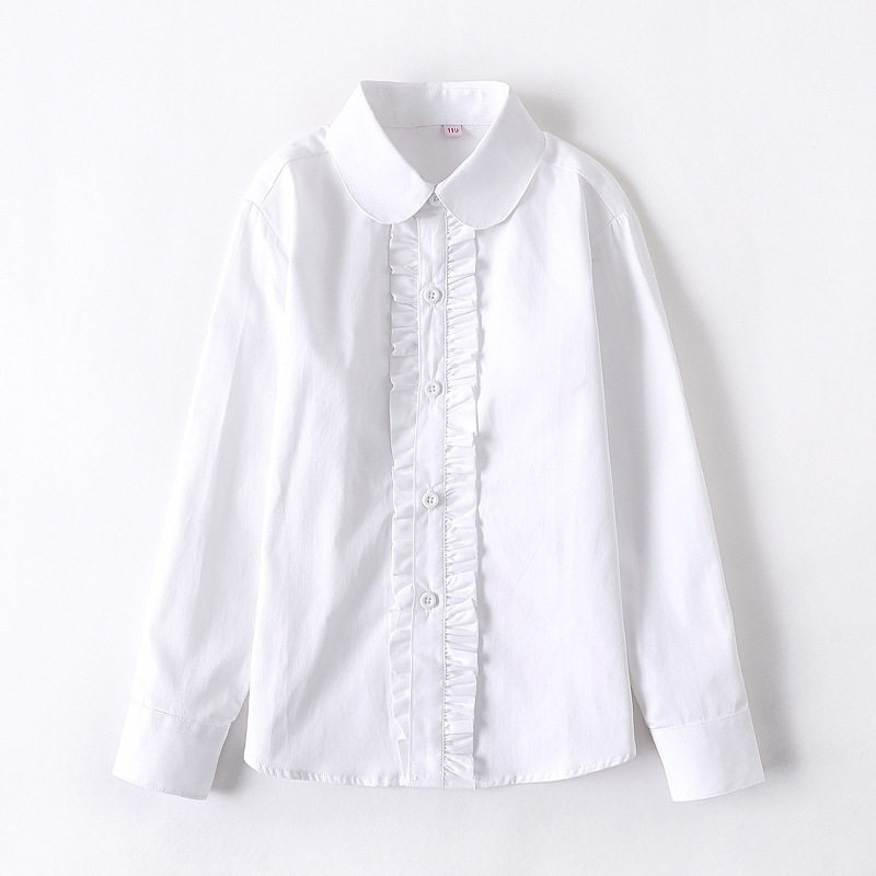 女童纯棉白衬衫春秋冬小学生女孩加绒校服儿童白色长袖衬衣中大童