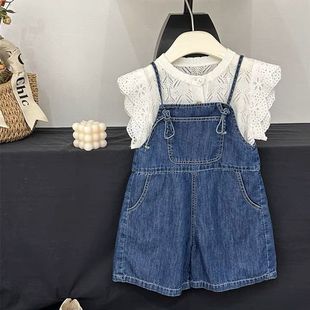 夏季 褲 牛仔背帶褲 子設(shè)計感洋氣直筒闊腿短褲 2024新款 女童套裝