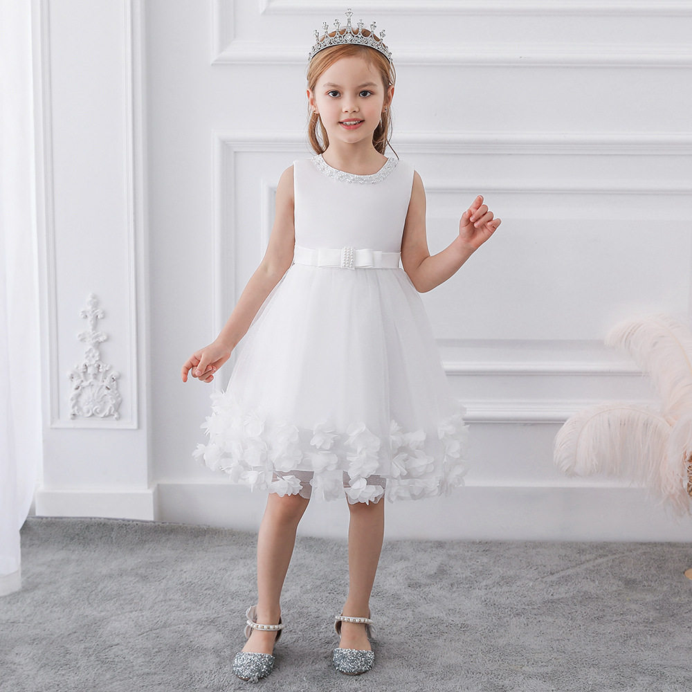 亚马逊儿童礼服花边裙婚纱礼服公主裙网纱钉珠无袖女童演出裙子