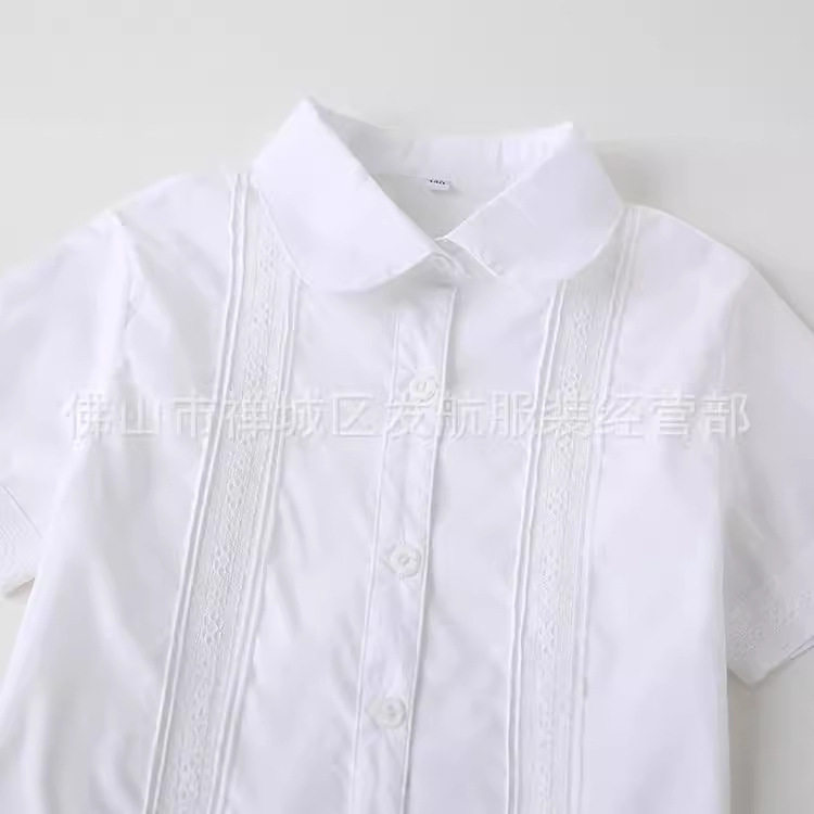 女童短袖白色双花边衬衫夏季中大童班服女款小学生校服衬衣