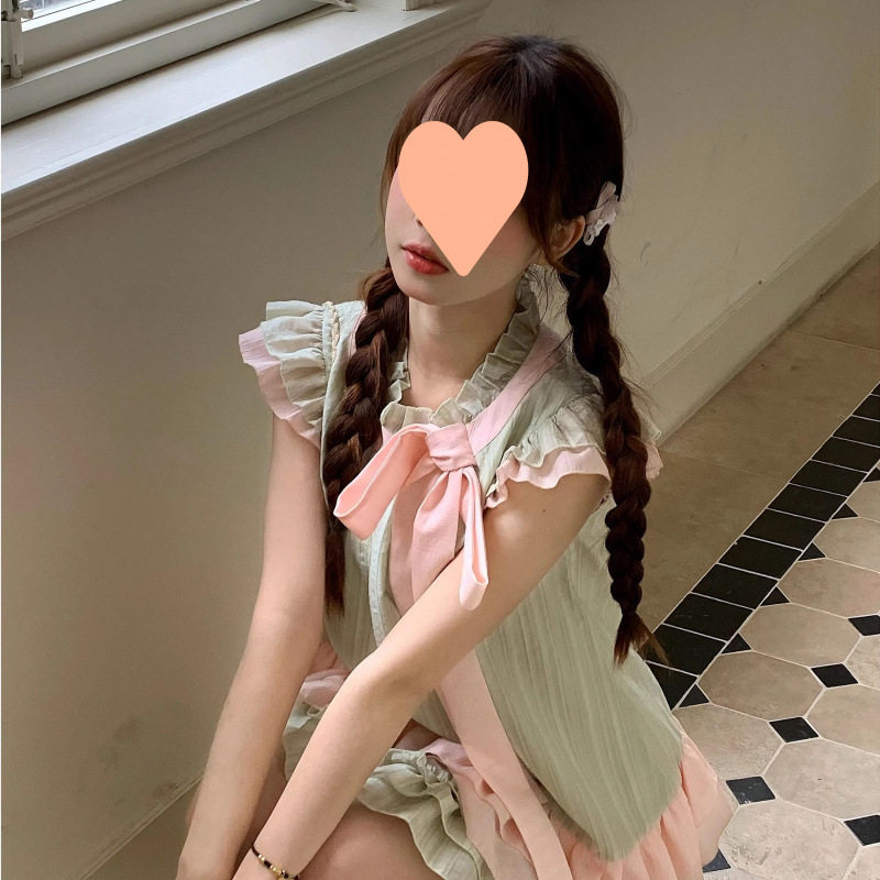 女童套装多巴胺穿搭夏季飞袖撞色蝴蝶结上衣绿色裙子女儿童