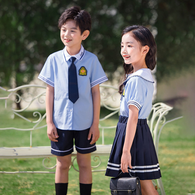 学院风校服小朋友毕业班活动演出服运动短裤长袖天蓝一年级幼儿园