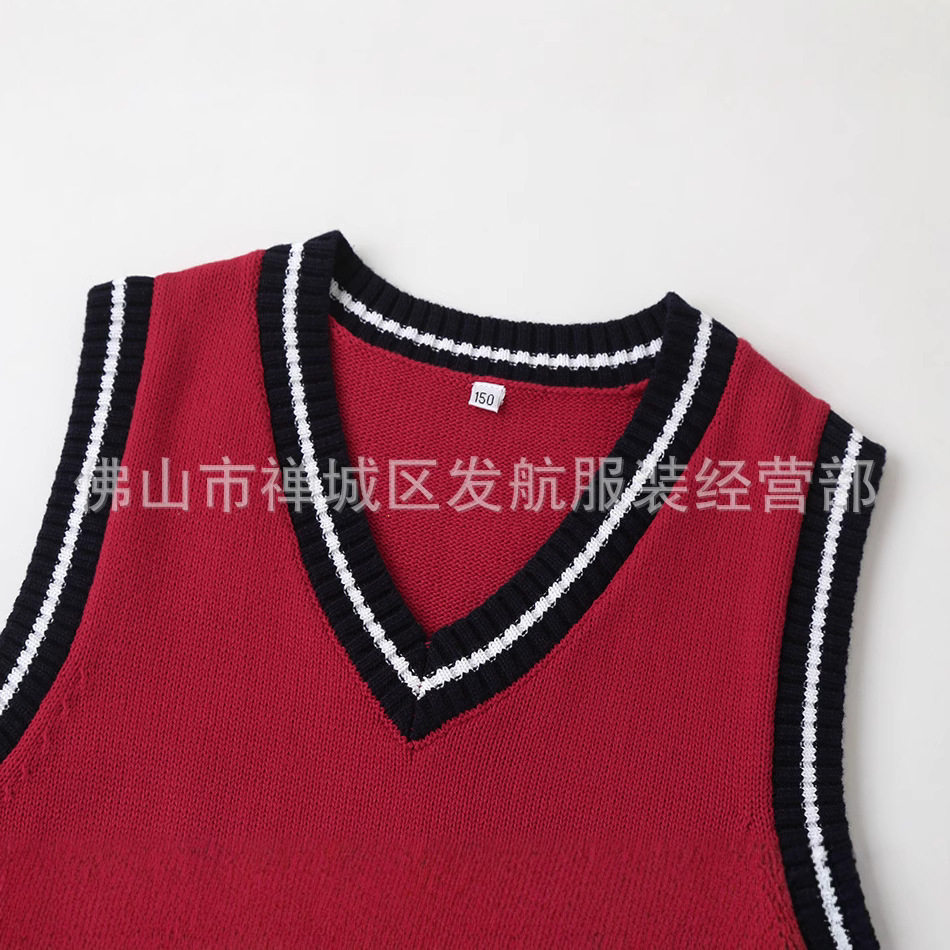 秋冬季儿童英伦风院校服背心V领 毛衣中小学生马甲针织衫红色菱形