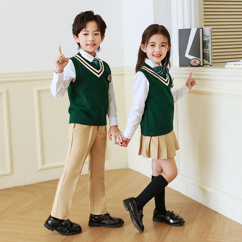幼儿园园服V领撞色男女童针织毛线衣套装小学生背心马甲班服校服