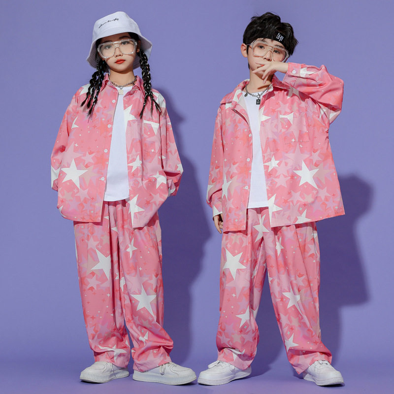 潮牌儿童装嘻哈演出服男童街舞衬衫表演服装女童爵士舞潮装hiphop