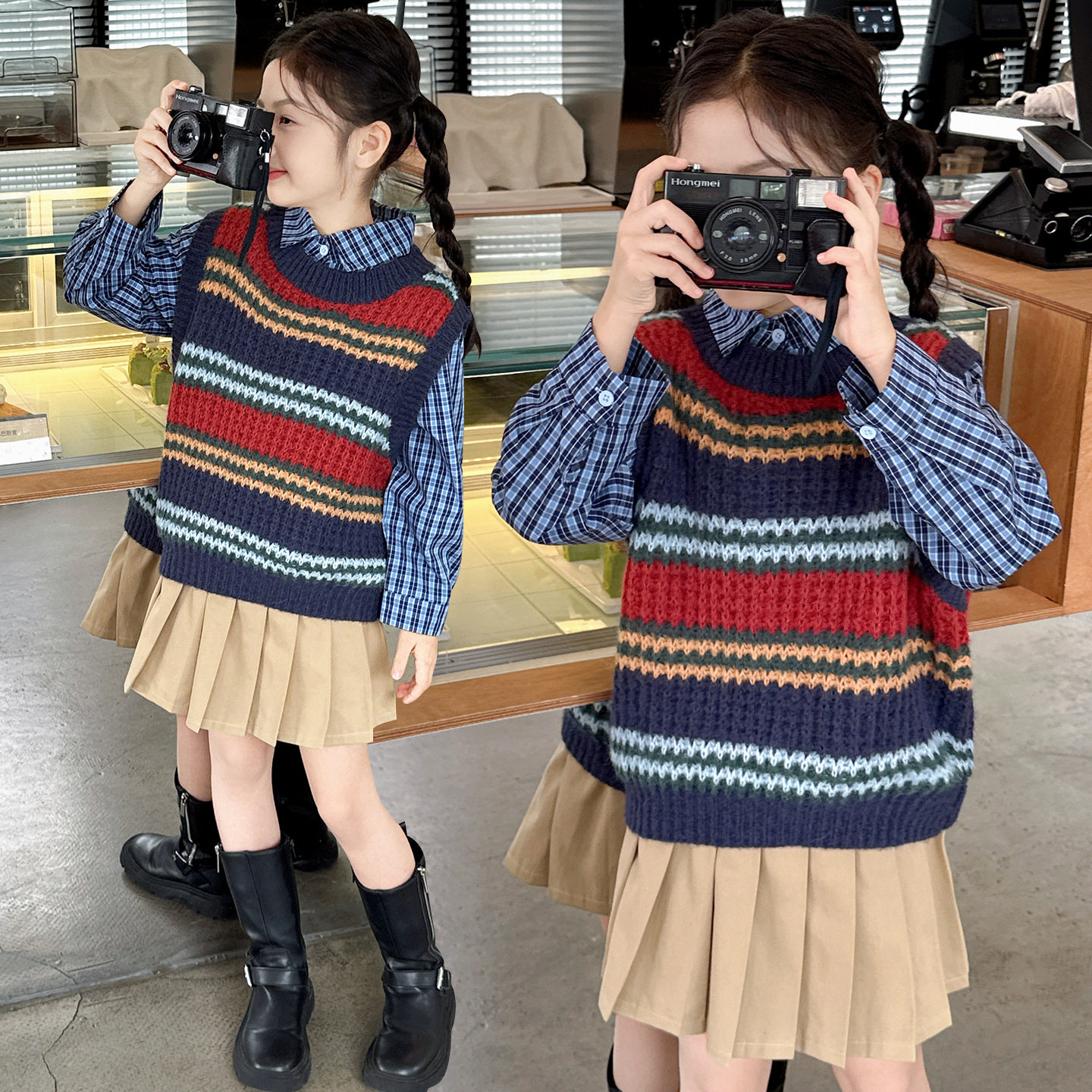 女童园服校服学院风演出服春秋儿童jk衬衫彩虹马甲衬衫裙子三件套