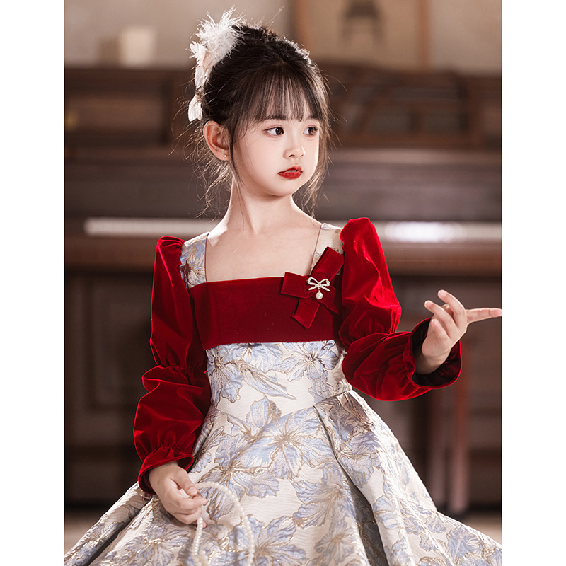 儿童礼服春秋2025新款女童高端轻奢小众红色公主裙主持人