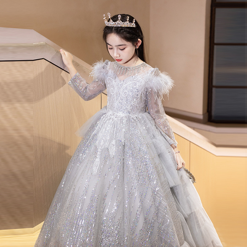 儿童晚礼服长袖春秋款高级感花童纱裙小女孩生日公主裙钢琴