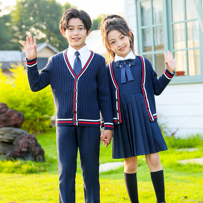 幼儿园园服男女童英伦学院V领针织开衫女童毛衣外套小学生校服