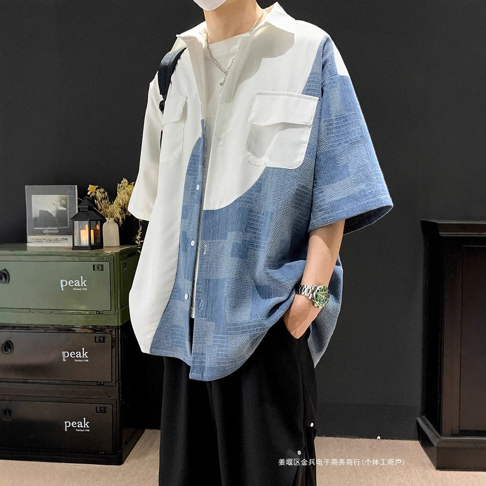 牛仔拼接短袖衬衫男夏季潮牌休闲痞帅高级感工装衬衣2025新款