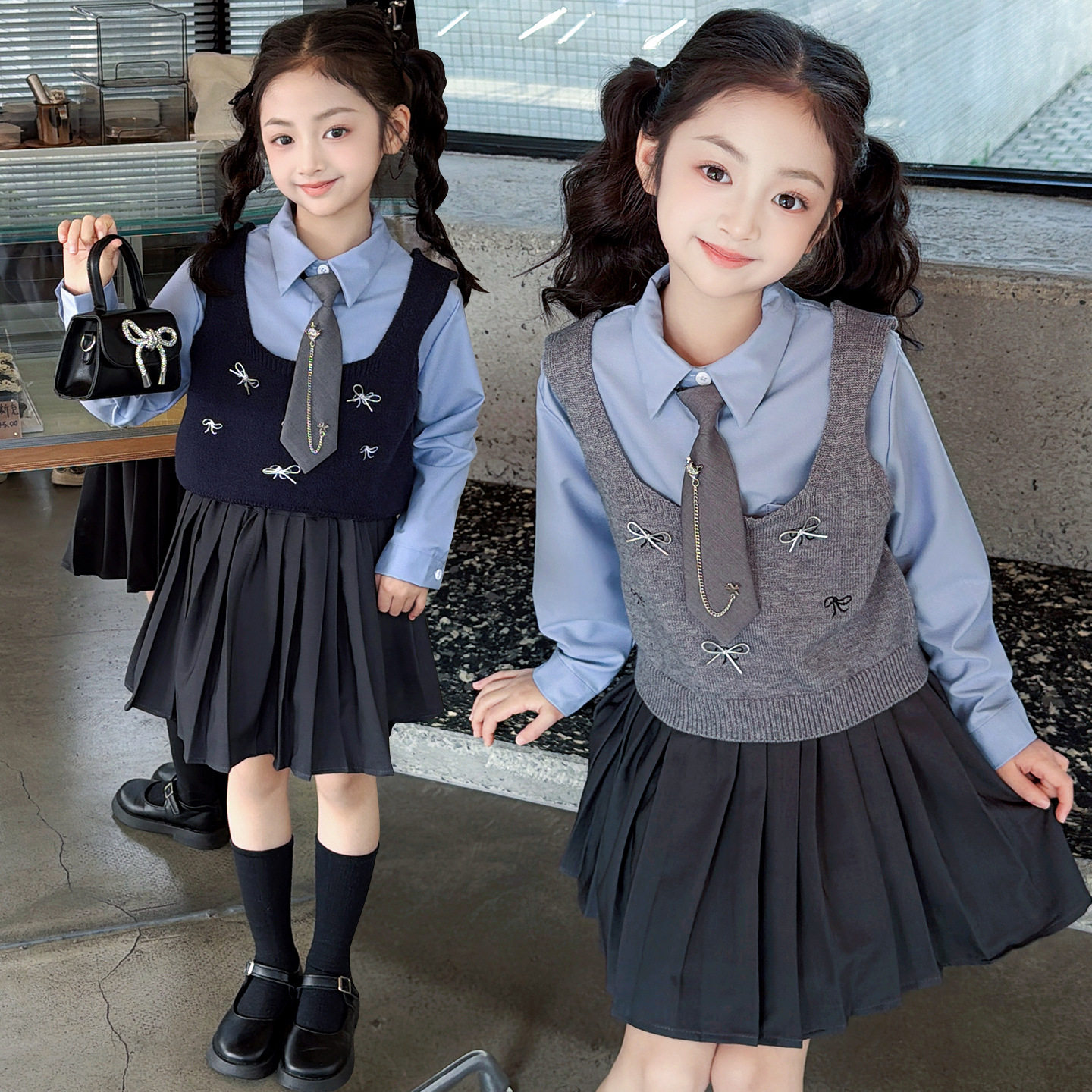 女童园服校服学院风演出服春秋儿童jk衬衫毛线马甲衬衫裙子三件套
