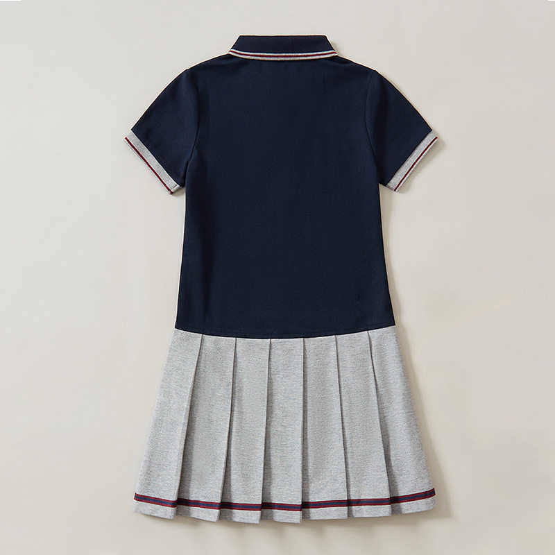 女童连衣裙英伦风夏季短袖T恤校服 枣红藏青胸前撞色Polo衫上衣