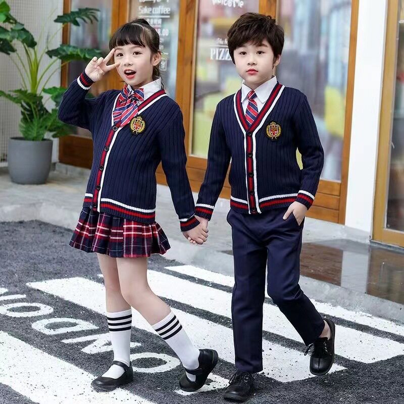 童装新款英伦学院风V领针织男女童园服校服毛衣开衫外套现货条纹
