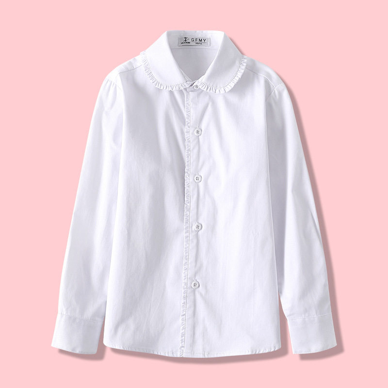 女童纯棉白衬衫春秋小学生女孩校服儿童白色花边长袖衬衣中大童