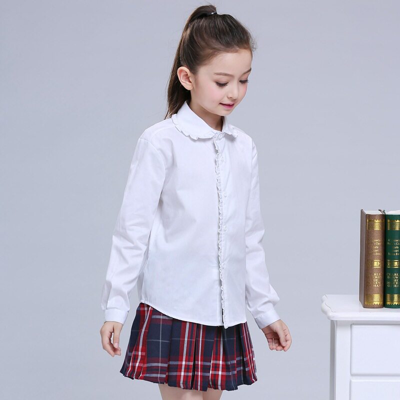 2023女童白衬衫长袖纯棉圆领春秋韩版中大童小学生校服演出服衬衣