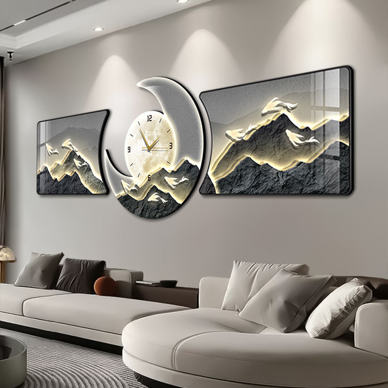 客厅三联画轻奢大气九鱼图沙发背景墙装饰画静音钟表挂钟高档挂画,家居饰品,现代装饰画,淘宝优惠券,粉丝福利购,淘宝优惠卷