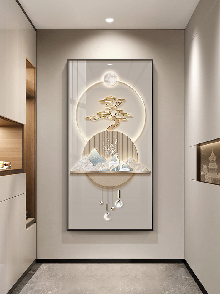 轻奢入户玄关装饰画山水画福鹿高级感走廊壁画正对门竖版过道挂画