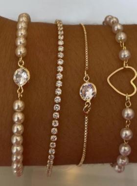 Bracelet set 4 pieces镶嵌水钻镂空桃心手錬珍珠满钻手錬套装4件